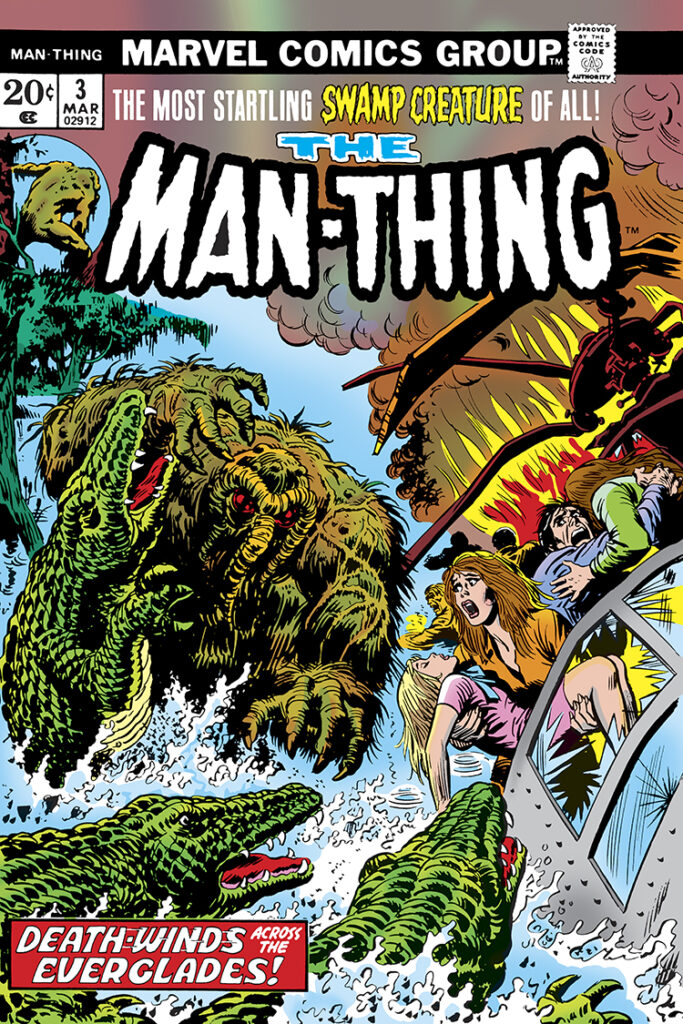 Man-Thing (1974) #3 cover; pencils and inks, John Romita; Death-Winds across the Everglades, Florida, alligators, helicopter