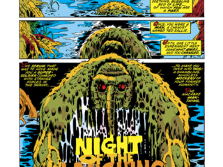Man-Thing (1974) #5, pg. 1; pencils, Mike Ploog; inks, Frank Chiaramonte; Night of the Laughing Dead, Steve Gerber, splash page, Stan Lee Presents