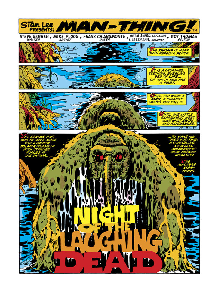 Man-Thing (1974) #5, pg. 1; pencils, Mike Ploog; inks, Frank Chiaramonte; Night of the Laughing Dead, Steve Gerber, splash page, Stan Lee Presents