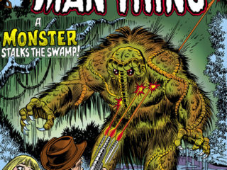 Man-Thing (1974) #7 cover; pencils, Ron Wilson; inks, Frank Giacoia; a monster stalks the swamp, good lord the bullets go right thru that thing and it keeps on coming