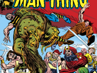 Man-Thing (1974) #14 cover; pencils, Gil Kane; inks, Tom Palmer; alterations, John Romita; Death awaits the man-monster atop the Tower at the end of time, Captain Fate