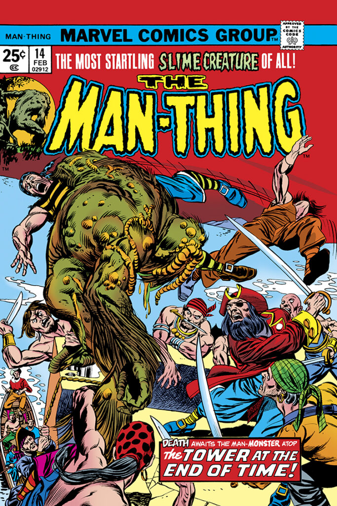 Man-Thing (1974) #14 cover; pencils, Gil Kane; inks, Tom Palmer; alterations, John Romita; Death awaits the man-monster atop the Tower at the end of time, Captain Fate