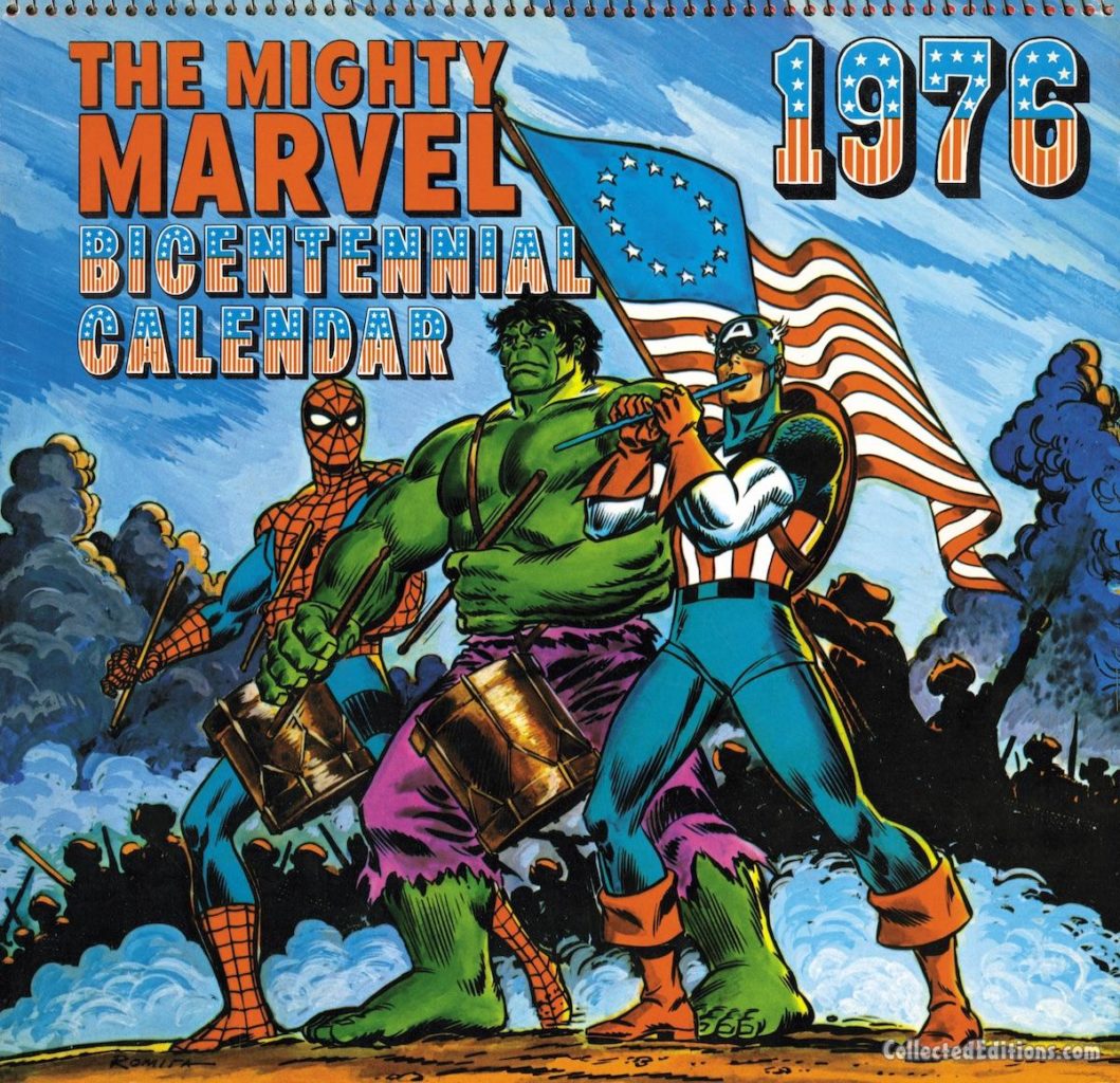 Mighty Marvel Bicentennial Calendar 1976 cover, pencils and inks, John Romita Sr.; Captain America/Hulk/Spider-Man