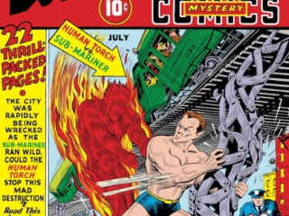 Marvel Mystery Comics #9 cover; pencils and inks, Alex Schomburg; Human Torch vs. Sub-Mariner