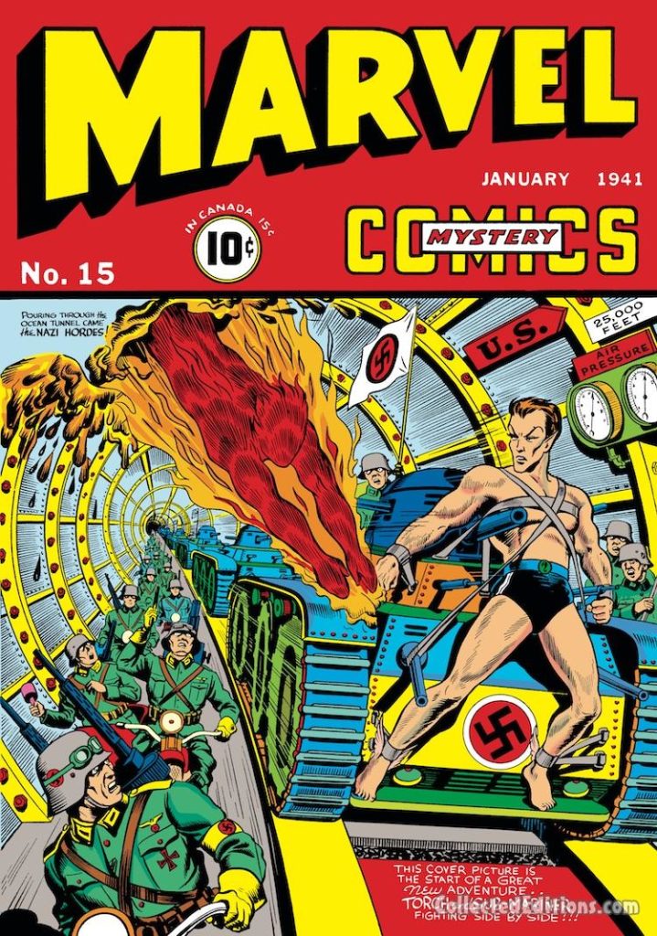 Marvel Mystery Comics #15 cover; pencils and inks, Alex Schomburg; Sub-Mariner/Human Torch vs. Nazis/Germans/World War II/WWII