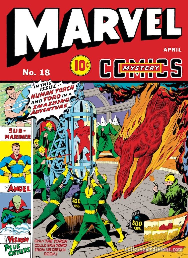 Marvel Mystery Comics #18 cover; pencils and inks, Alex Schomburg; Human Torch, Toro sidekick
