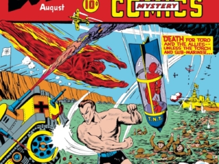 Marvel Mystery Comics #22 cover; pencils and inks, Alex Schomburg; Human Torch/Toro/Sub-Mariner vs. Nazis