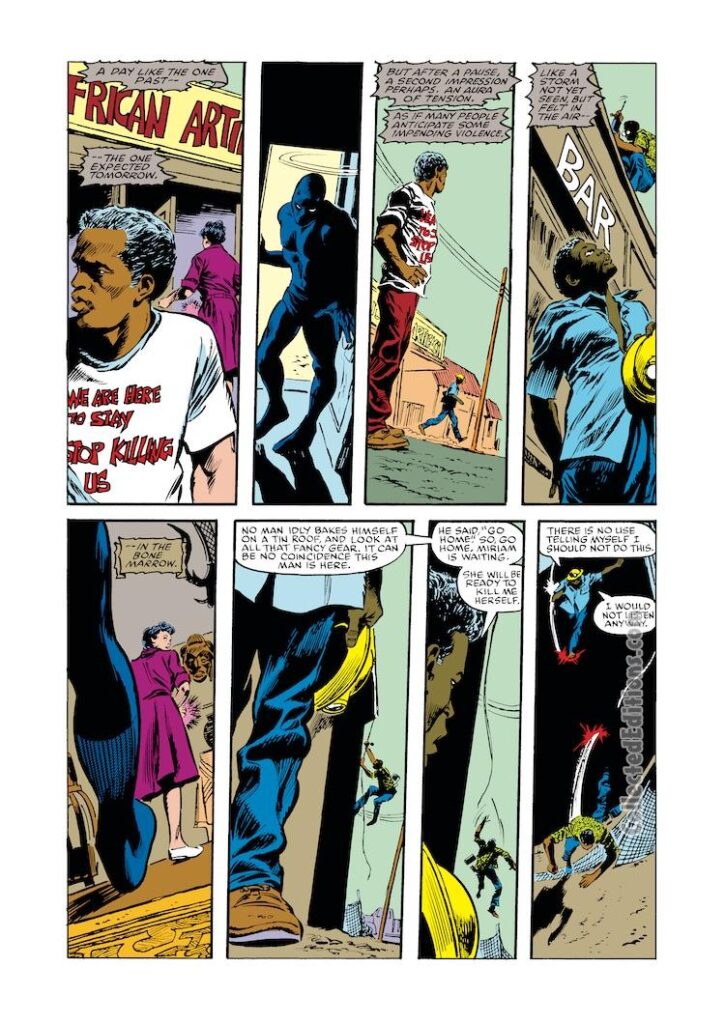 Marvel Comics Presents #19. Black Panther in “Battered Artifacts”, pg. 6; pencils, Gene Colan; inks, Tom Palmer; Don McGregor, Miriam, Zanti