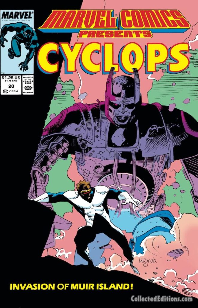 Marvel Comics Presents #20 cover; pencils and inks, Mike Mignola; Black Panther Masterworks, Cyclops; Master Mold Sentinel, Invasion of Muir Island