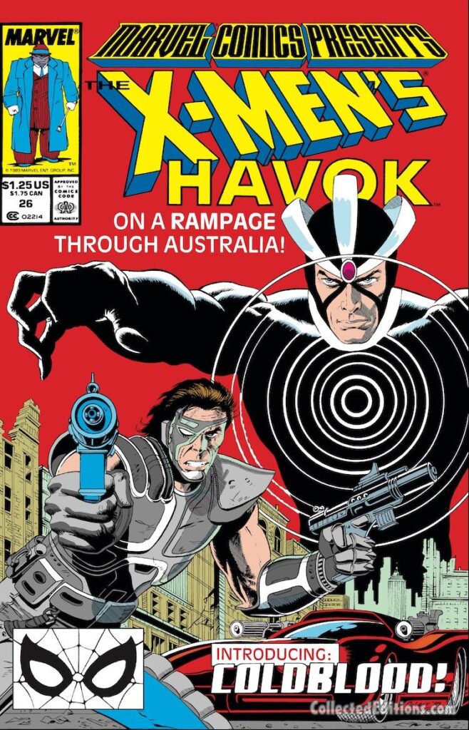 Marvel Comics Presents #26 cover; pencils and inks, Paul Gulacy; Black Panther Masterworks, Havok; On a rampage through Australia, Introducing Coldblood, first appearance