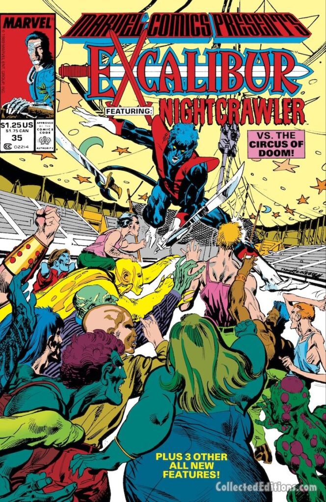 Marvel Comics Presents #35 cover; pencils and inks, Tom Grindberg; Black Panther masterworks, Excalibur featuring Nightcrawler vs. the Circus of Doom