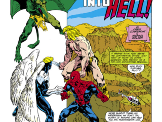Marvel Fanfare #1. Angel and Spider-Man in &ldquo;Fast Descent into Hell!&rdquo;, pg. 1; pencils and inks, Michael Golden; Ka-Zar, Sauron, Chris Claremont, Tanya Anderssen