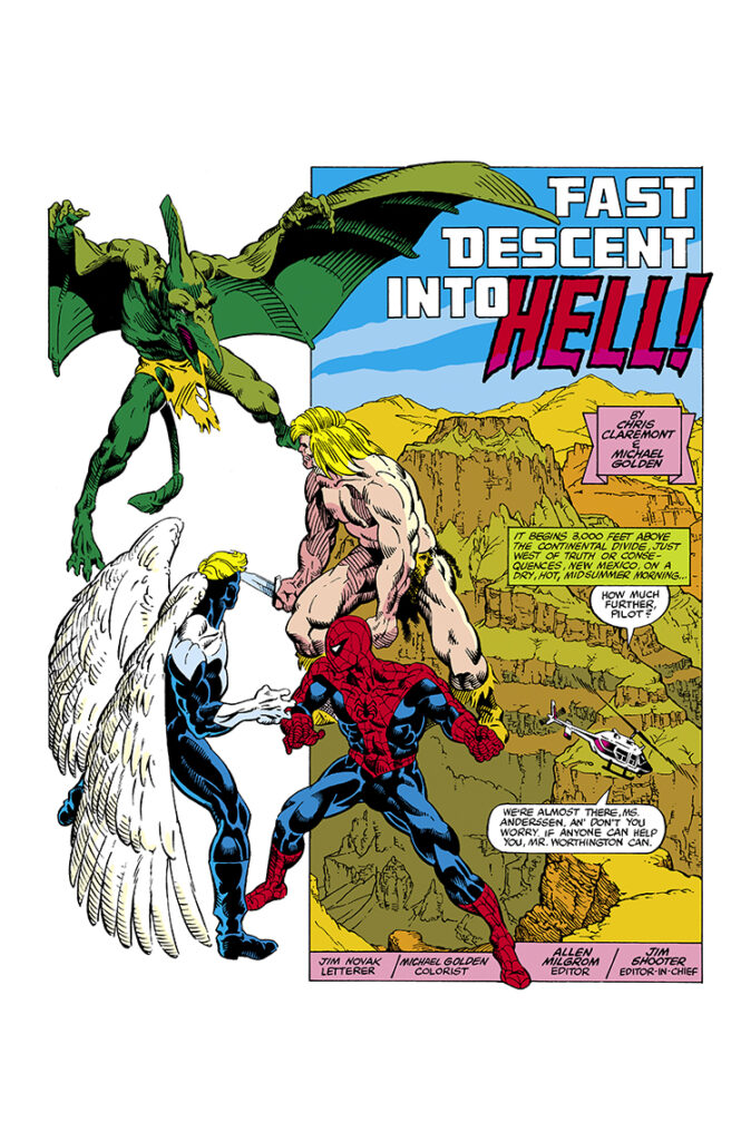 Marvel Fanfare #1. Angel and Spider-Man in “Fast Descent into Hell!”, pg. 1; pencils and inks, Michael Golden; Ka-Zar, Sauron, Chris Claremont, Tanya Anderssen