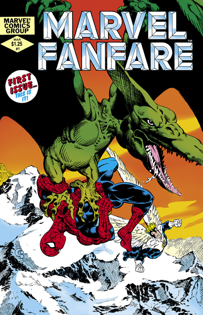 Marvel Fanfare #1 cover; pencils and inks, Michael Golden; Spider-Man, Sauron, Angel, Warren Worthington III, X-Men, Savage Land