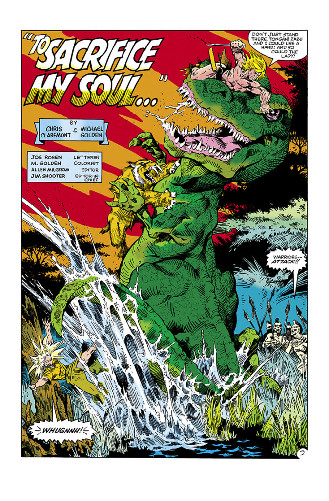 Marvel Fanfare #2. Angel, Spider-Man and Ka-Zar in “To Sacrifice My Soul…”, pg. 2; pencils and inks, Michael Golden; Tyrannosaurus rex, Zabu, splash page, Chris Claremont, writer