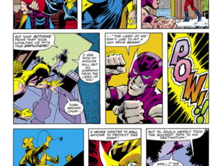 Marvel Fanfare #3. Hawkeye in &ldquo;Swashbucklers&rdquo;, pg. 3; pencils, Trevor Von Eeden; inks, Joe Rubinstein; El Aguila