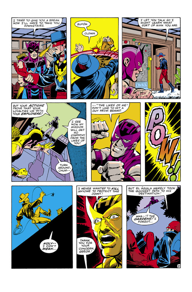 Marvel Fanfare #3. Hawkeye in “Swashbucklers”, pg. 3; pencils, Trevor Von Eeden; inks, Joe Rubinstein; El Aguila