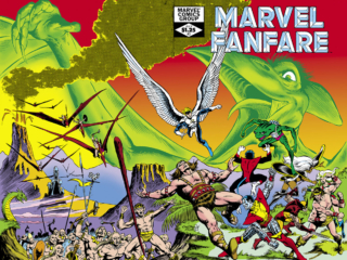 Marvel Fanfare #3 cover; pencils, Dave Cockrum; inks, Bob McLeod, wraparound cover, Sauron, Angel, Warren Worthington III, X-Men, Colossus, Nightcrawler, Savage Land, Wolverine, Storm, Ani-Men