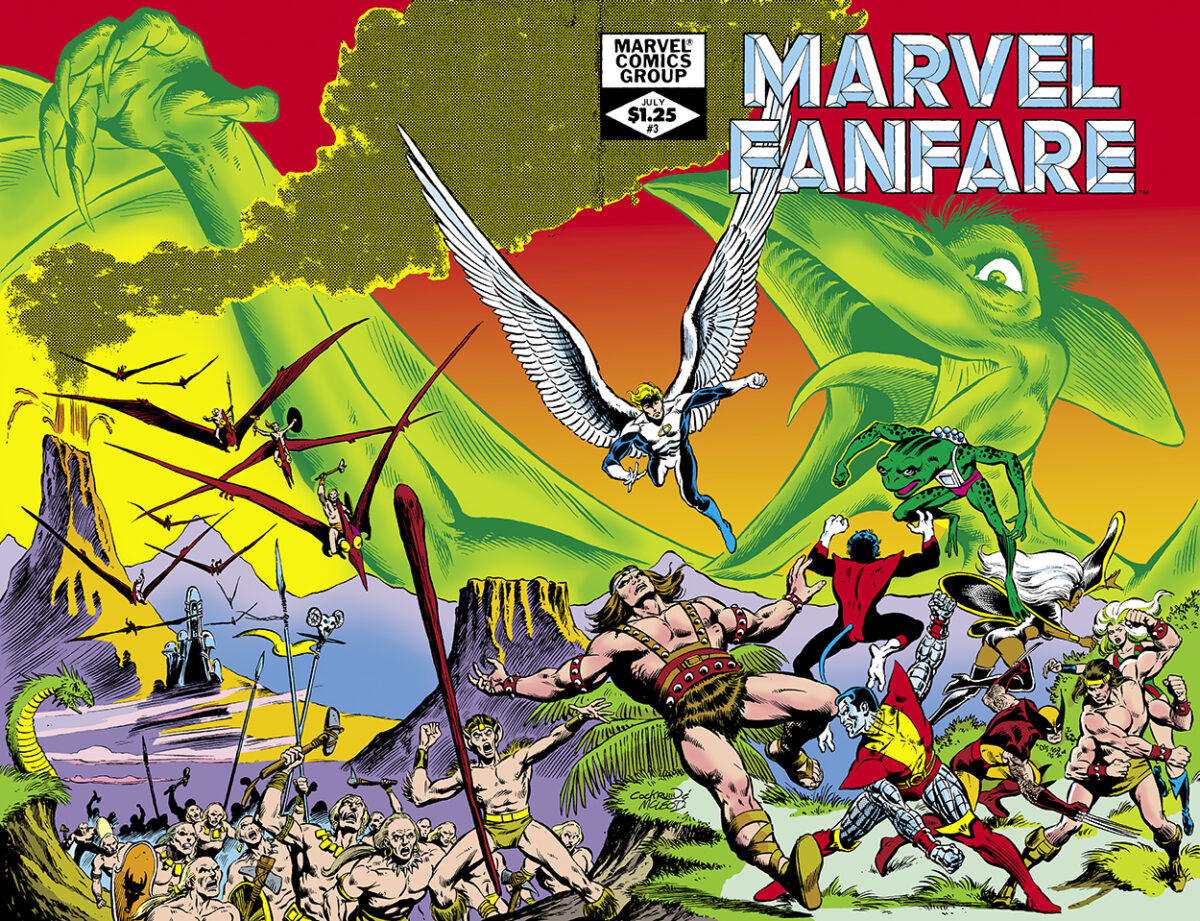 Marvel Fanfare #3 cover; pencils, Dave Cockrum; inks, Bob McLeod, wraparound cover, Sauron, Angel, Warren Worthington III, X-Men, Colossus, Nightcrawler, Savage Land, Wolverine, Storm, Ani-Men