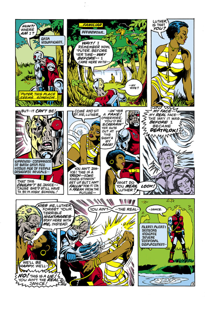 Marvel Fanfare #4. Deathlok in “Mindgame”, pg. 3; pencils, Michael Golden; inks, Bob Downs; Luther Manning, Janice Manning