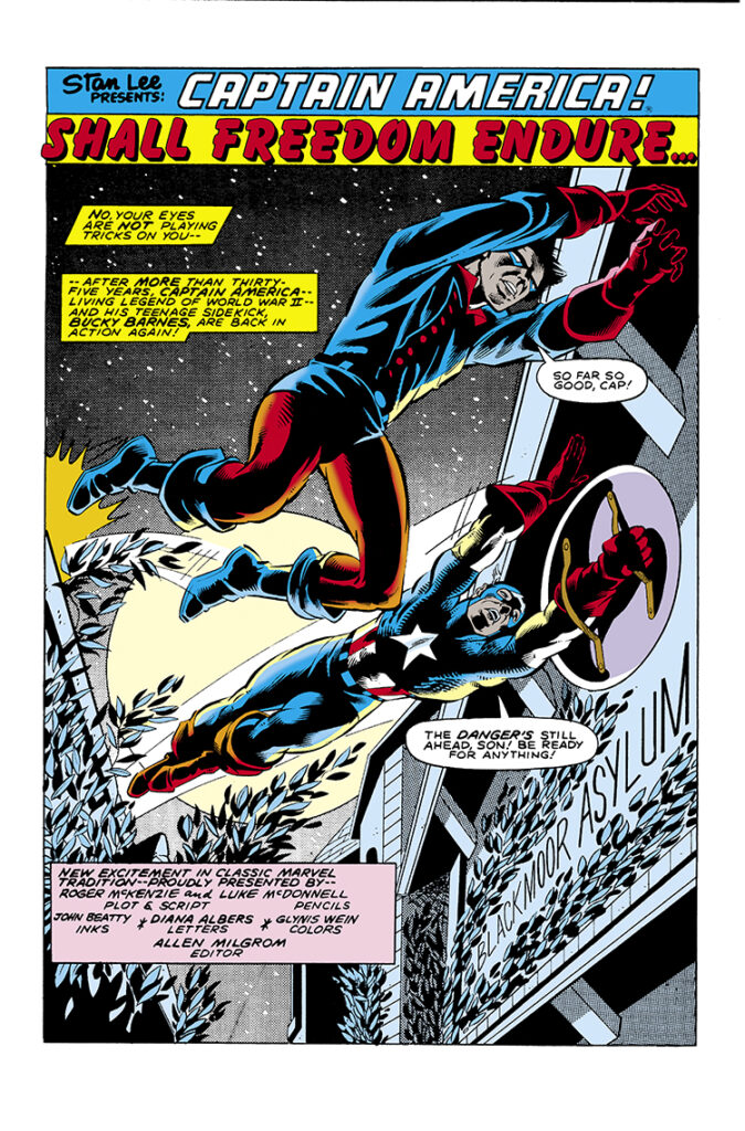 Marvel Fanfare #5. Captain America in “Shall Freedom Endure…”, pg. 1; pencils, Luke McDonnell; inks, John Beatty; Stan Lee Presents, Roger McKenzie, Bucky Barnes