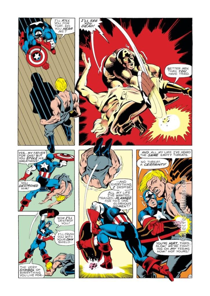Marvel Fanfare #5. Captain America in “Shall Freedom Endure…”, pg. 13; pencils, Luke McDonnell; inks, John Beatty; writer, Roger McKenzie, Stryker Jr.