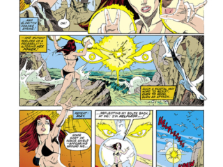 Marvel Fanfare #6. Scarlet Witch and Spider-Man in &ldquo;Switch Witch&rdquo;, pg. 3; pencils, Sandy Plunkett; inks, P. Craig Russell; Wanda Maximoff, bathing suit, bikini, eldritch forces, Xandu