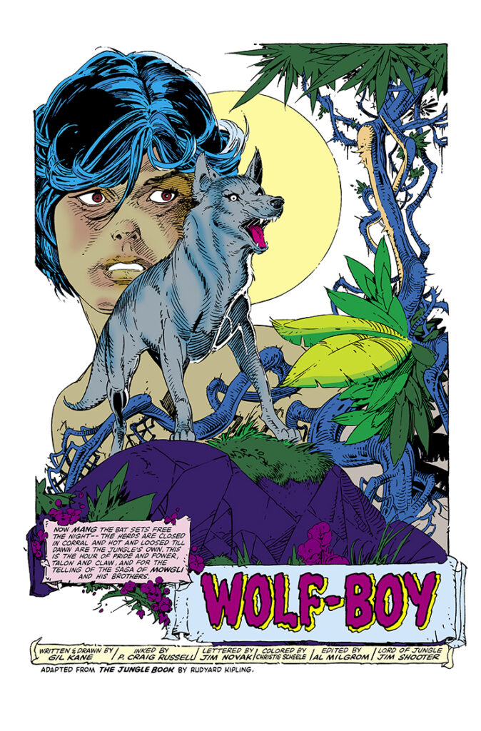 Marvel Fanfare #8. The Jungle Book: “Wolf-Boy”, pg. 1; pencils, Gil Kane; inks, P. Craig Russell; Rudyard Kipling, Man the Bat, Mowgli, Mang, Bat