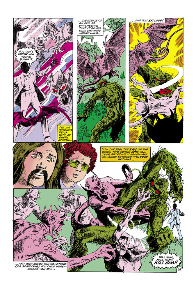 Marvel Fanfare #9. Man-Thing in “Rock ’n’ Soul!”, pg. 15; pencils, Joe Brozowski; inks, Gray Morrow; the Blatt twins, B.L. Zebus, the Bronx Bombers, Brimstone