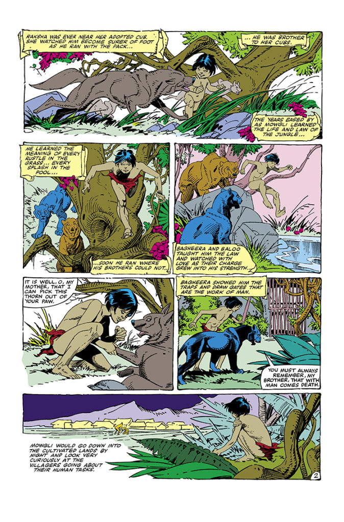 Marvel Fanfare #9. The Jungle Book: “Mowgli’s Brothers”, pg. 1; pencils, Gil Kane; inks, P. Craig Russell; Mowgli, Raksha, Bagheera, Baloo