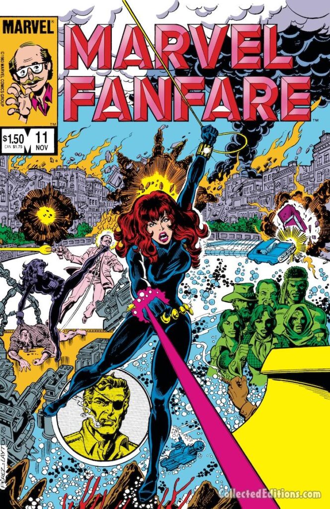 Marvel Fanfare #11 cover; pencils, George Pérez; inks, Bob Layton; Nick Fury, Iron Maiden, Black Lotus, Headshot Darrance