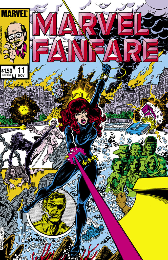 Marvel Fanfare #11 cover; pencils, George Pérez; inks, Bob Layton; Black Widow, Black Lotus, Deadshot Darrance, Nick Fury, Iron Maiden; Laralie; N’Kama, Kono Sanada