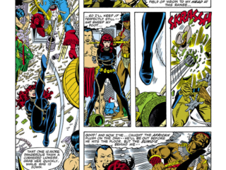 Marvel Fanfare #12. Black Widow in &ldquo;The Web Tightens!&rdquo;, pg. 3; pencils, George P&eacute;rez; inks, Al Milgrom; Deadshot Darrance, Iron Maiden
