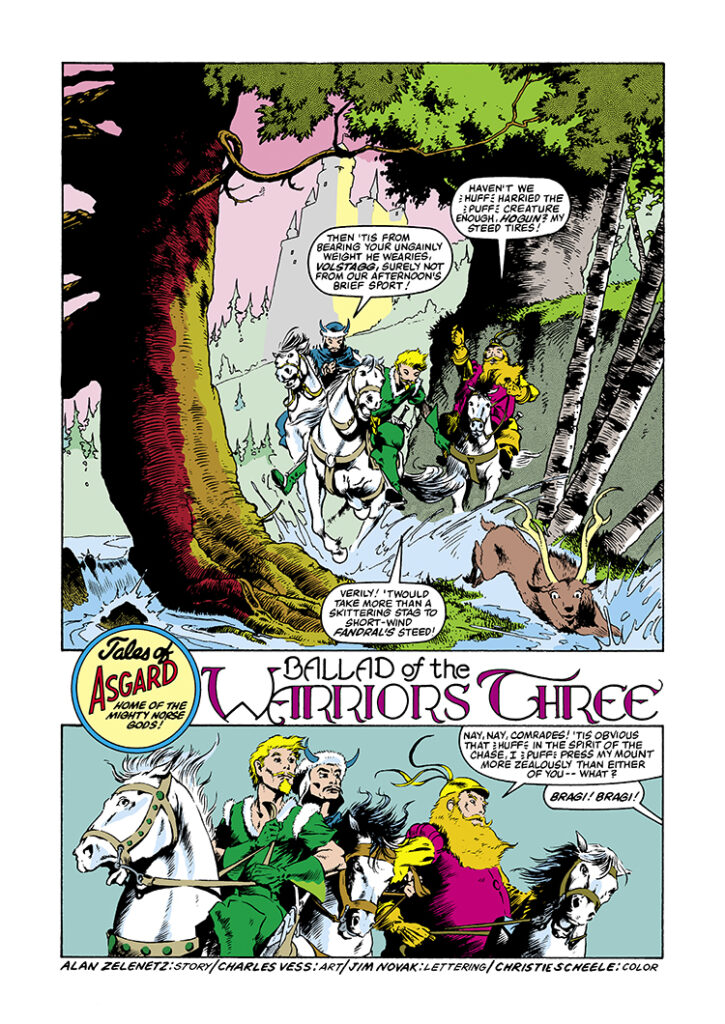 Marvel Fanfare #13. Tales of Asgard, “Ballad of the Warriors Three”, pg. 1; pencils and inks, Charles Vess; Hogun, Fandral, Heimdall