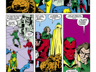 Marvel Fanfare #14. Fantastic Four and the Vision in &ldquo;Dangerous Vision&rdquo;, pg. 16; pencils, Rick Leonardi; inks, Joe Rubinstein; Klaw, Mad Thinker, Thing, Human Torch, Mister Fantastic