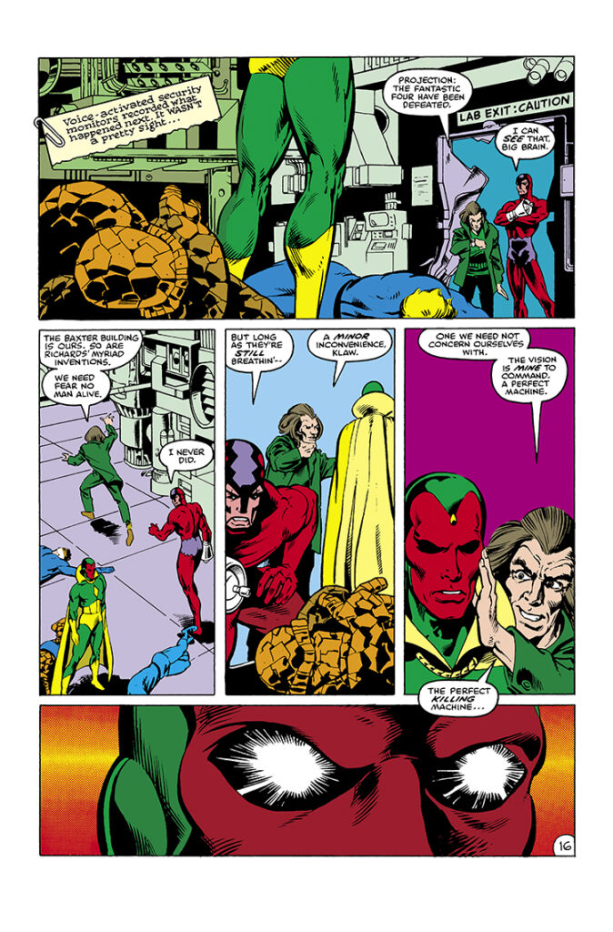 Marvel Fanfare #14. Fantastic Four and the Vision in “Dangerous Vision”, pg. 16; pencils, Rick Leonardi; inks, Joe Rubinstein; Klaw, Mad Thinker, Thing, Human Torch, Mister Fantastic