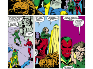 Marvel Fanfare #14. Vision and the Fantastic Four in &ldquo;Dangerous Vision&rdquo;, pg. 16; pencils, Rick Leonardi; inks, Joe Rubinstein; Klaw, Mad Thinker, Thing, Human Torch