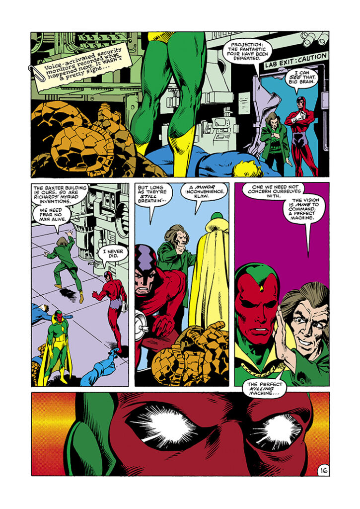 Marvel Fanfare #14. Vision and the Fantastic Four in “Dangerous Vision”, pg. 16; pencils, Rick Leonardi; inks, Joe Rubinstein; Klaw, Mad Thinker, Thing, Human Torch