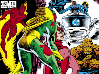 Marvel Fanfare #14 cover; pencils, Rick Leonardi; inks, Joe Rubinstein; Fantastic Four, Human Torch, Invisible Woman, Mister Fantastic, Thing, Scarlet Witch, Vision