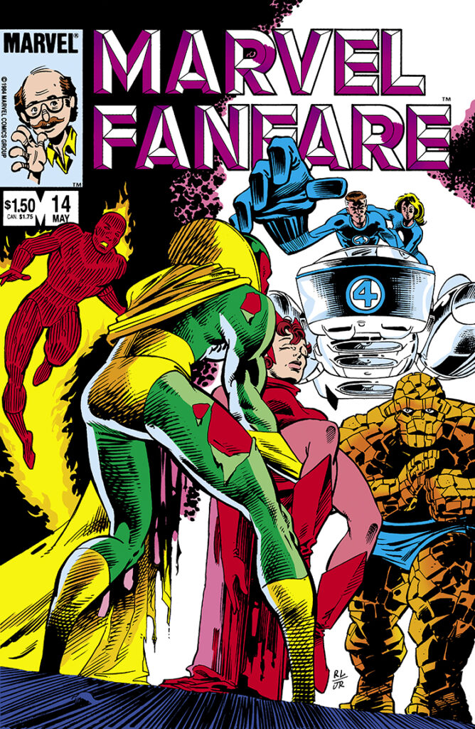 Marvel Fanfare #14 cover; pencils, Rick Leonardi; inks, Joe Rubinstein; Fantastic Four, Human Torch, Invisible Woman, Mister Fantastic, Thing, Scarlet Witch, Vision