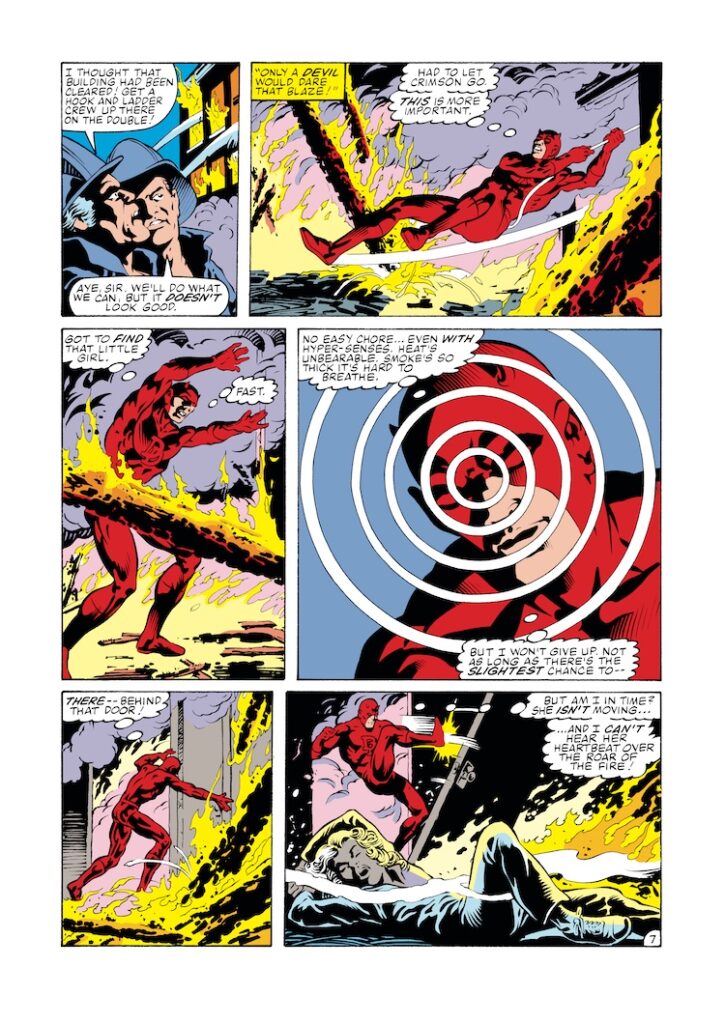 Marvel Fanfare #15. Daredevil in “Crimson Ash”, pg. 8. Pencils, Jack Sparling; inks, Ian Akin, Brian Garvey; tenement fire, radar sense