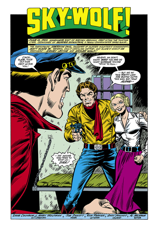 Marvel Fanfare #17. Sky-Wolf in “Sky-Wolf!”, pg. 1; pencils, Michael Golden; inks, Bob Downs; Matt Slade IV, Bremen, Germany, Sidney Levine, Skyler Wolf, Gretchyn Skul