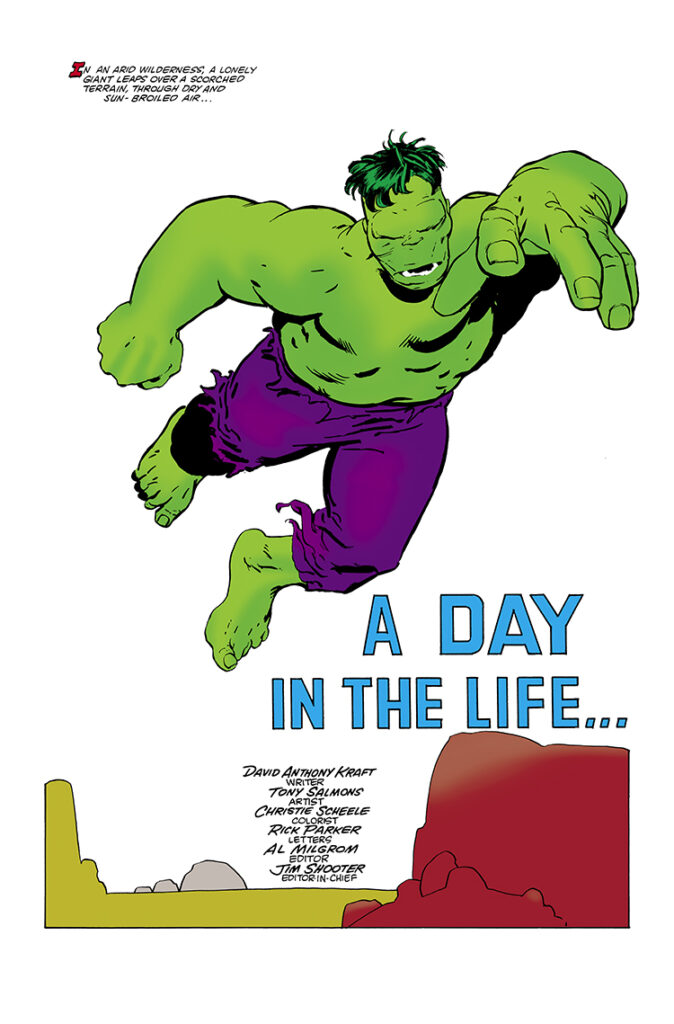 Marvel Fanfare #17. Hulk in “A Day in the Life…”, pg. 1; pencils and inks, Tony Salmons; jump, leap, David Anthony Kraft