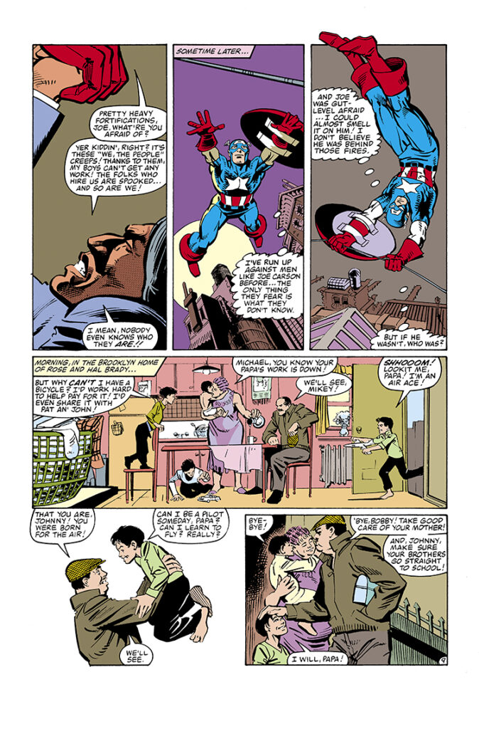 Marvel Fanfare #18. Captain America in “Home Fires!”, pg. 9; pencils, Frank Miller; inks, Joe Rubinstein; Joe Carson, Rose and Hal Brady