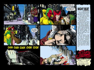 Marvel Fanfare #32. Vision and Scarlet Witch in &ldquo;Rosie&rdquo;, pg. 24-25; pencils and inks, Paul Smith; double-page spread, Roger McKenzie, writer, Night Beat, Ben Urich, ice pick murder