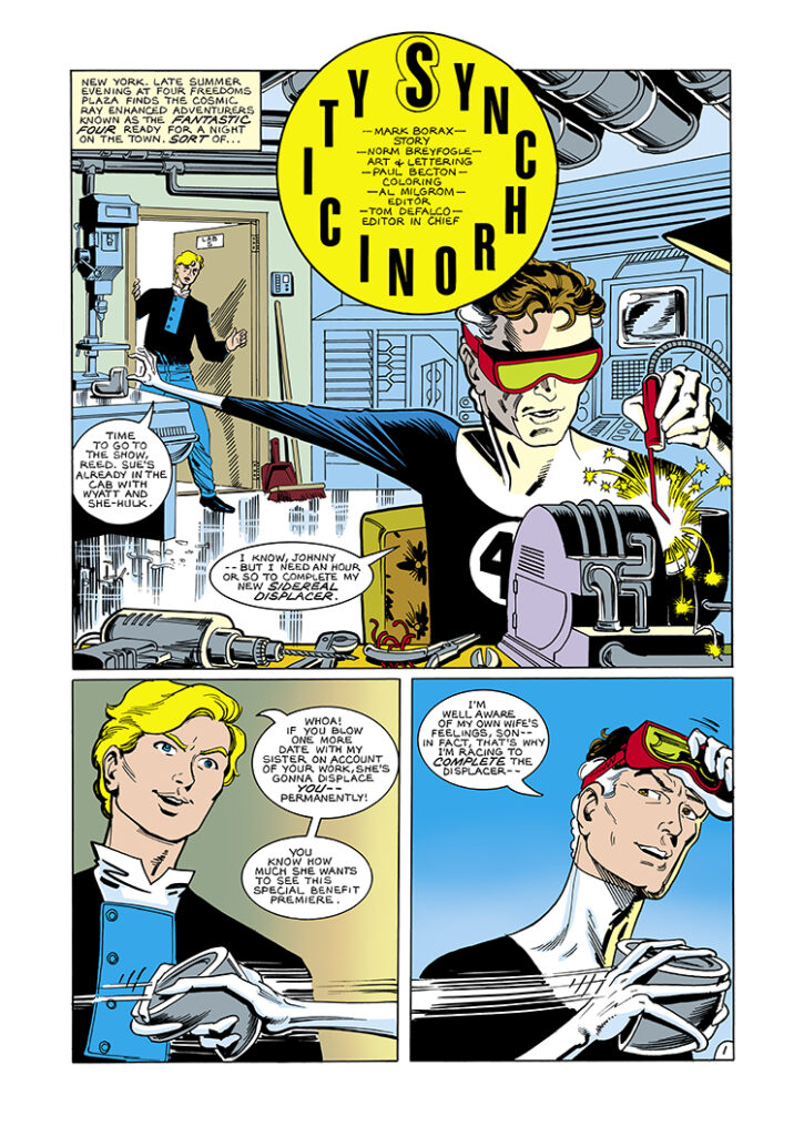 Marvel Fanfare #37. Fantastic Four in &ldquo;Synchronicity&rdquo;; pencils and inks, Norm Breyfogle; Synchronicity, Reed Richards, Mister Fantastic, Human Torch, Johnny Storm, Sidereal displacer, Baxter Building