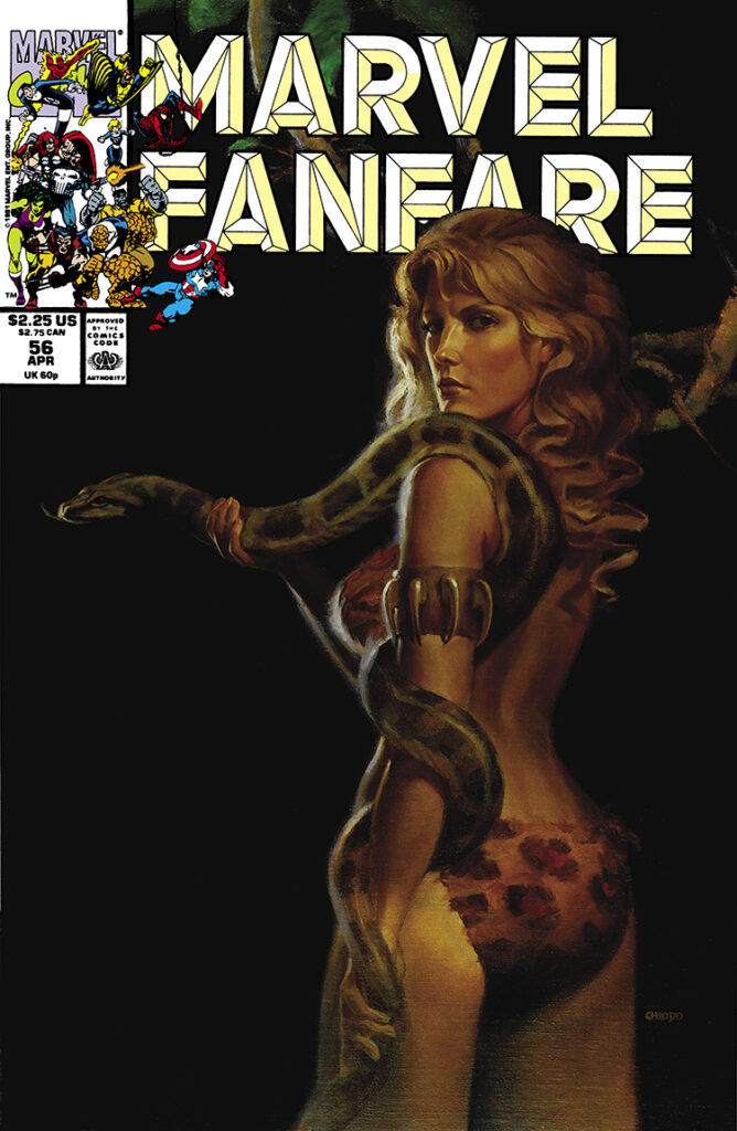 Marvel Fanfare #56 cover; painted art, Joe Chiodo; Shanna the She-Devil, python