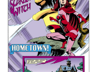 Marvel Fanfare #58. Vision and Scarlet Witch in &ldquo;Hometown!&rdquo;, pg. 1; pencils, Sandy Plunkett; inks, Armando Gil; Leonia, New Jersey, Stan Lee Presents, splash page