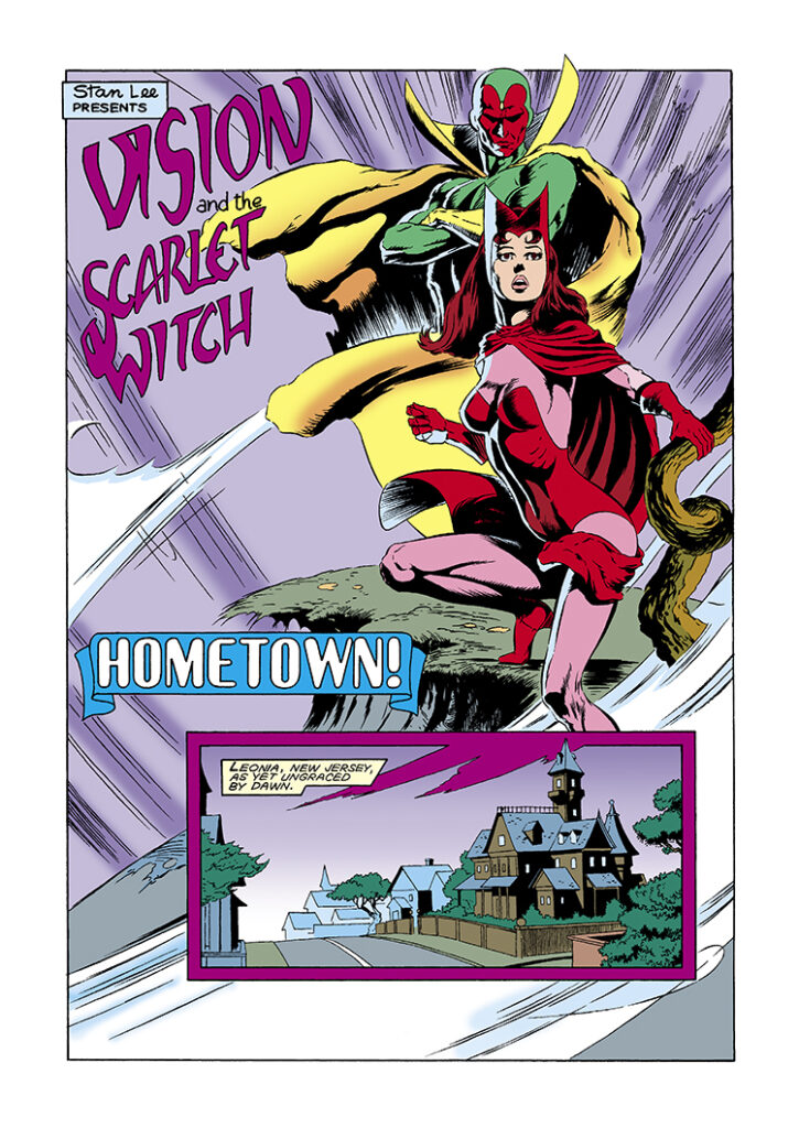 Marvel Fanfare #58. Vision and Scarlet Witch in “Hometown!”, pg. 1; pencils, Sandy Plunkett; inks, Armando Gil; Leonia, New Jersey, Stan Lee Presents, splash page