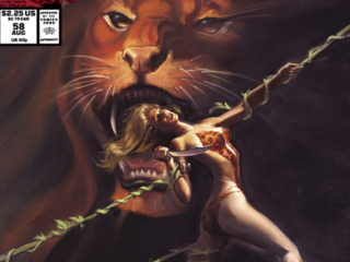 Marvel Fanfare #58 cover; painted art, Joe Chiodo; Shanna the She-Devil, Zabu, Scarlet Witch/Vision corner box